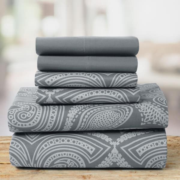Lux Decor 6-Piece Microfiber Sheet Set Paisley Pattern with Deep Pocket Fitted Sheet and Pillowcases-King Gray