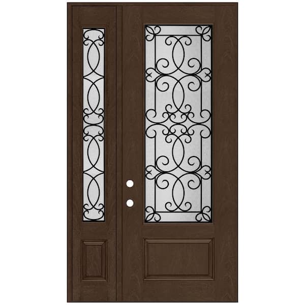 Steves & Sons Regency 51 in. x 96 in. 3/4Lite Georgian Decorative Glass LHOS Hickory Mahogany Fiberglass Prehung Front Door w/12 in.SL