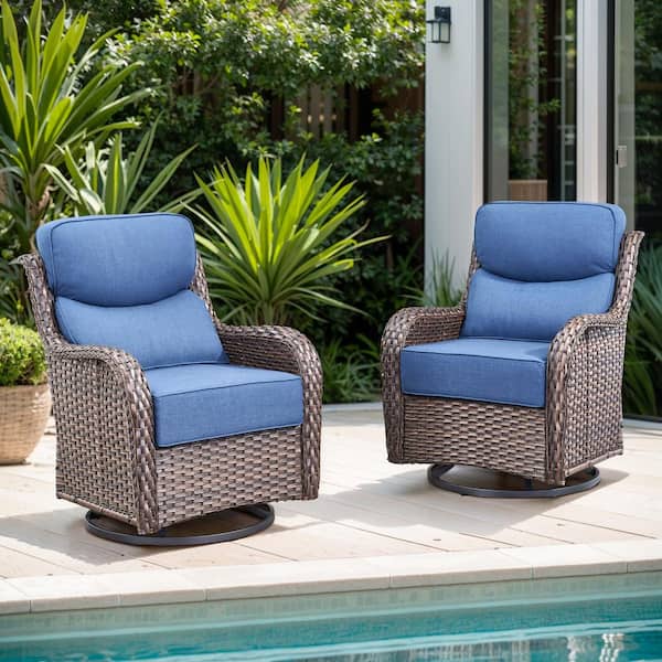 Crescent Moon Swivel Wicker Outdoor Rocking Chair with Cushion Guard Blue Cushions (Set 2-Pack)