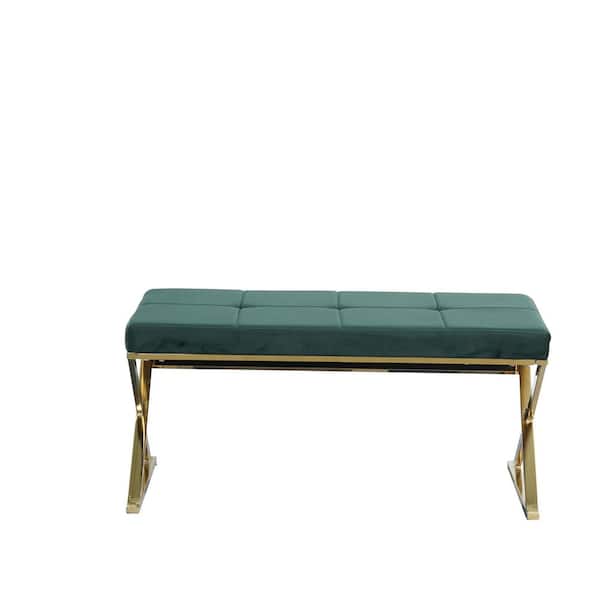 ZIRUWU Green Bench with Stainless Steel and Velvet Ottaman 18.1 in. x 37.6 in. x 19.9 in.