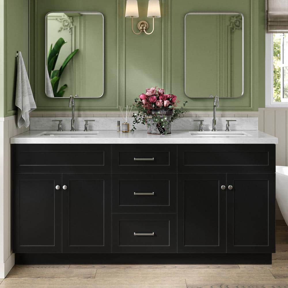 Hamlet 73 in. W x 22 in. D x 36 in. H Bath Vanity in Black with Carrara White Marble Vanity Top