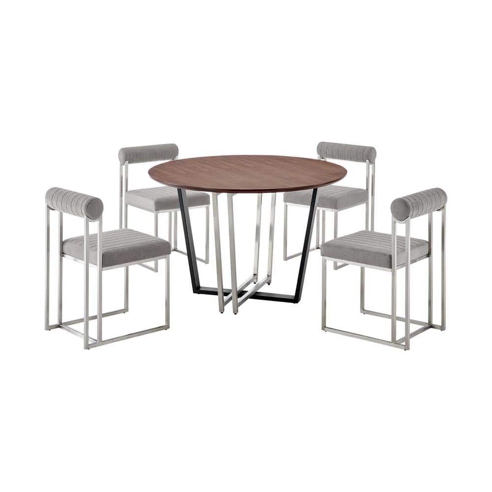 Joana and Anastasia 5-Piece Light Gray Fabric Stainless Steel and Wood Top 