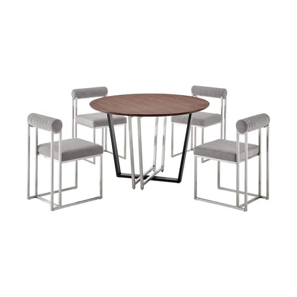 Armen Living Joana and Anastasia 5-Piece Light Gray Fabric Stainless Steel and Wood Top Dining Set Seats 4