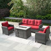 Gray 5-Piece Outdoor Rattan Wicker Patio Fire Pit Conversation Sofa Set with Red Cushions