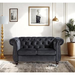 Chesterfield 62 in. Wide Rolled Arm Velvet Modern Rectangle Loveseat in Black