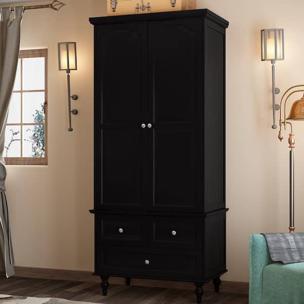 FUFU&GAGA Black Paint Wood 31.5 in. W 2-Door Armoires with Hanging Rod, 3-Drawers, Adjustable Shelves 70.9 in. H x 19.7 in. D