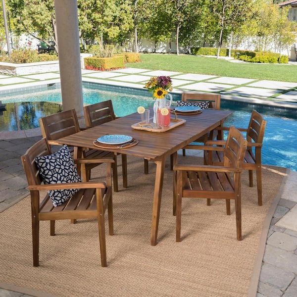 Teak Finish 7-Piece Wood Rectangular Outdoor Patio Dining Set