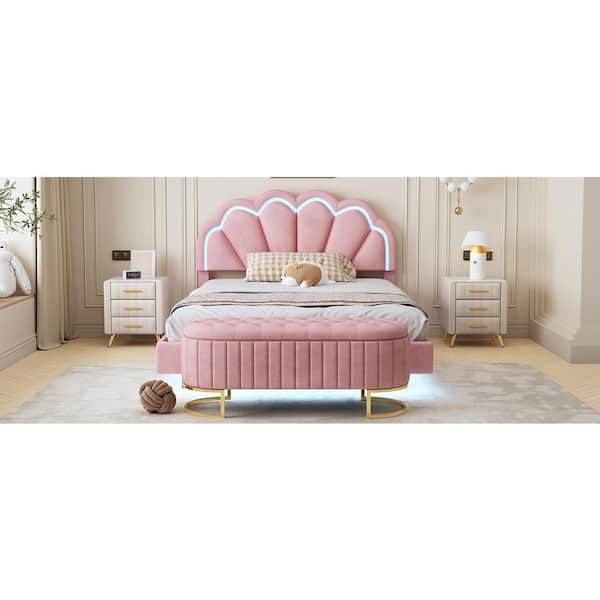 2-Piece Pink Full Wood Bedroom Set Velvet Upholstered LED Platform Bed  Frame with Storage Ottoman