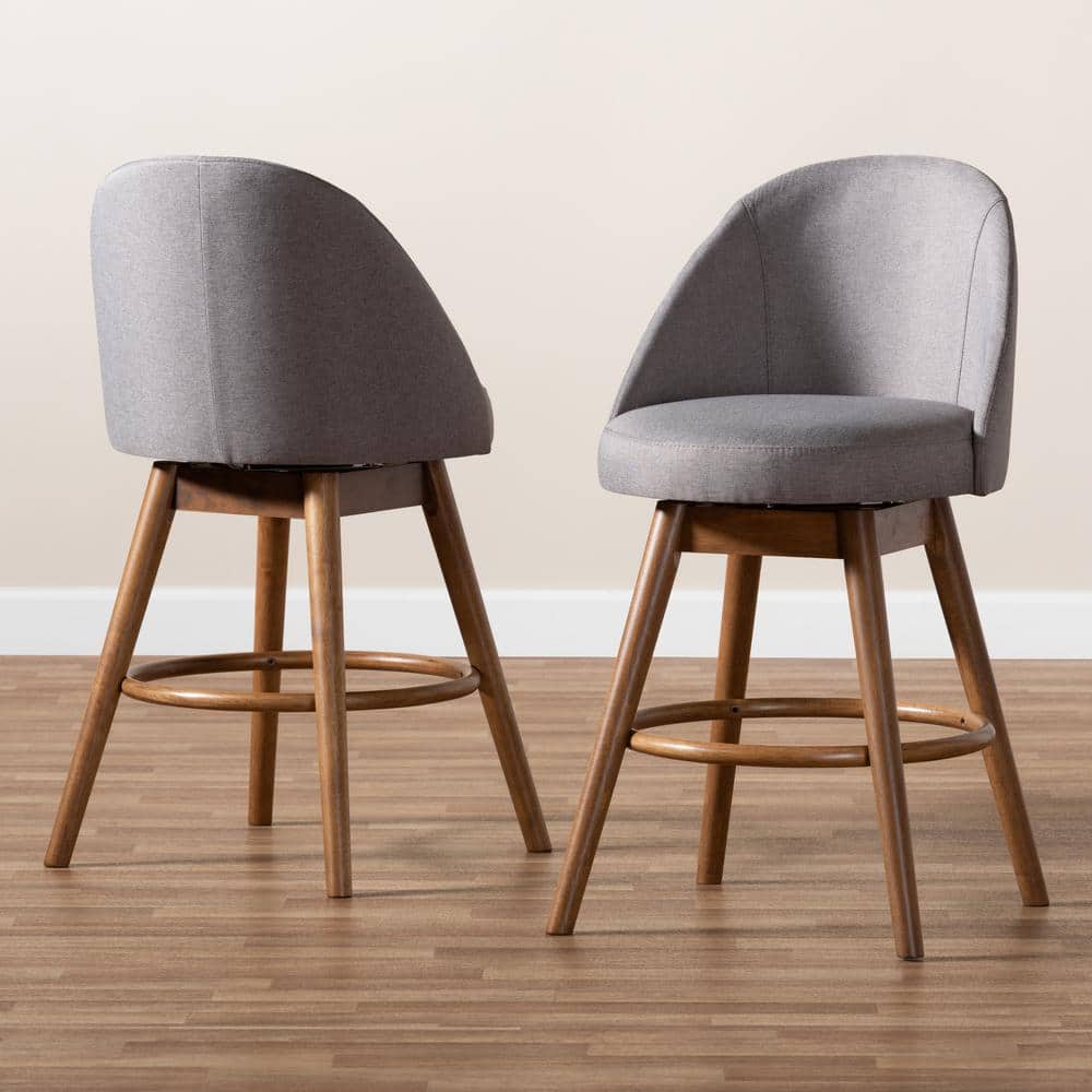 Gray Fabric Upholstered Walnut Wood Swivel Counter Stools, Set of 2