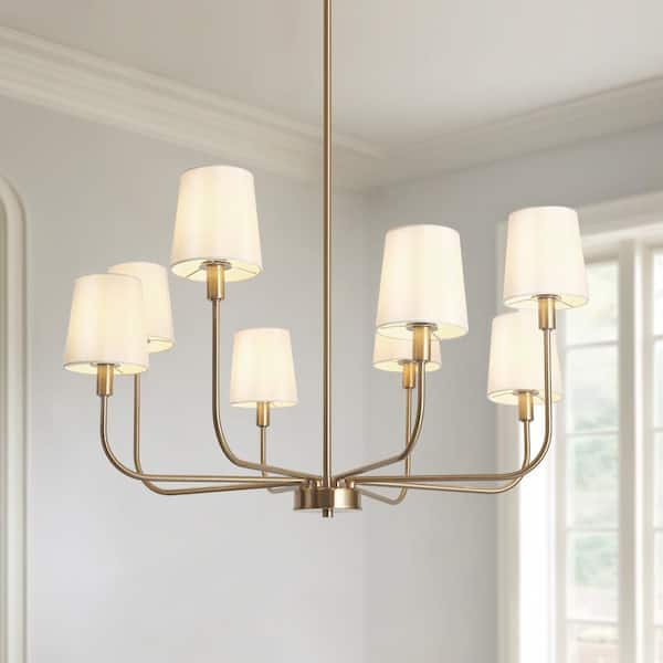 31 in. 8-Light Modern Antique Plated Brass Linear Chandelier, Farmhouse Candlestick Chandelier with Cone Fabric Shades