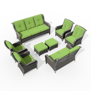 8-Piece Wicker Patio Conversation Set Yard Garden Porch with Green Cushions