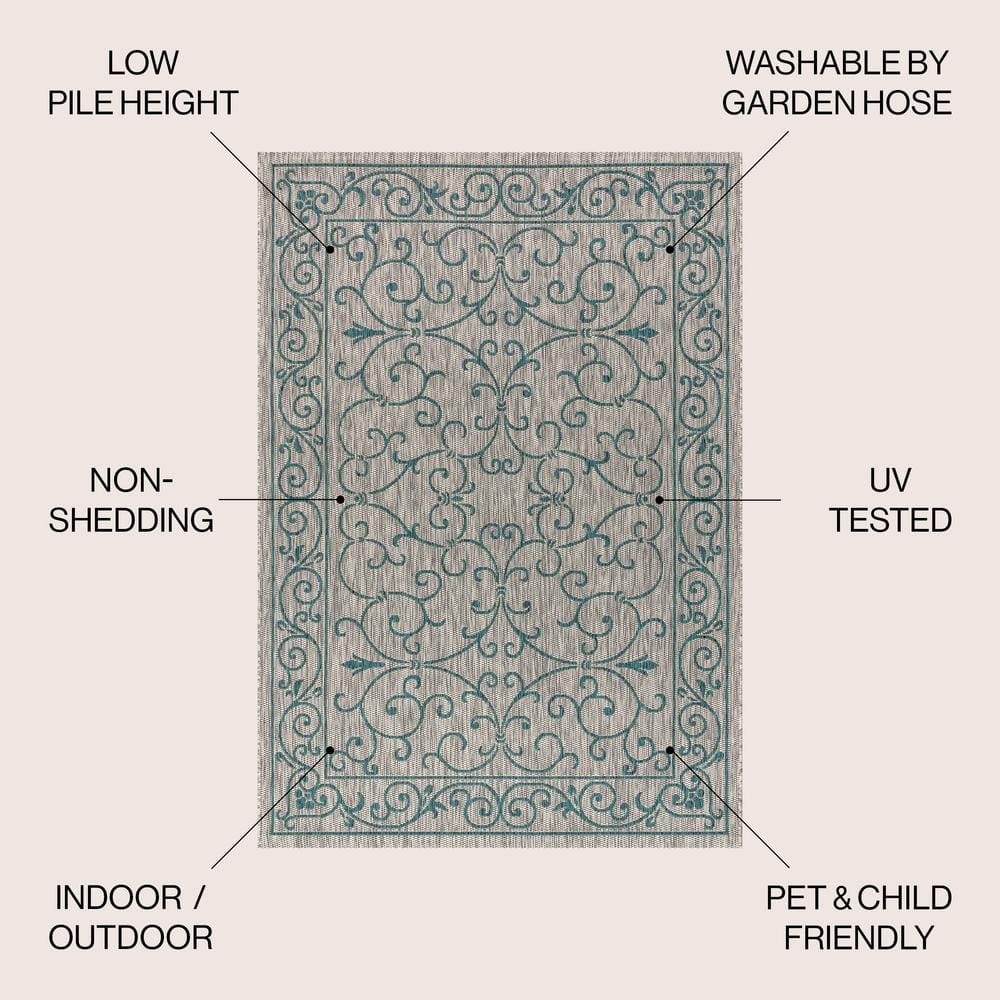 Boho-Chic Vintage Filigree Teal & Gray Synthetic Indoor/Outdoor Rug
