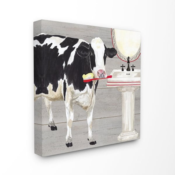 Stupell Industries 24 in. x 24 in. "Bath Time For Cows at Sink Red Black and GreyPainting" by Tara Reed Canvas Wall Art