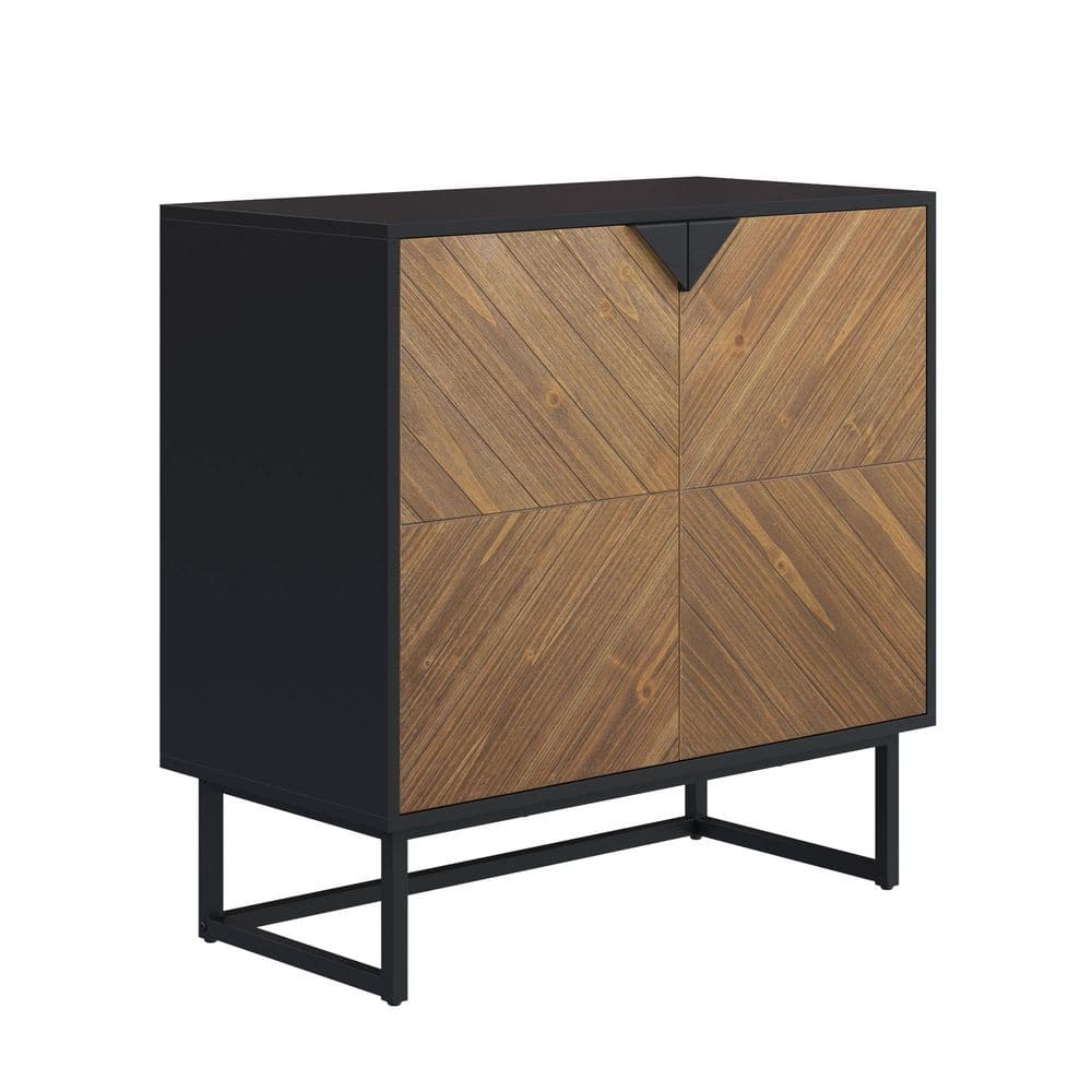 Matte Black and Fir Wood Freestanding Storage Cabinet with Adjustable Shelves