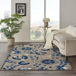 Aloha Natural/Blue 5 ft. x 8 ft. Floral Contemporary Indoor/Outdoor Patio Area Rug