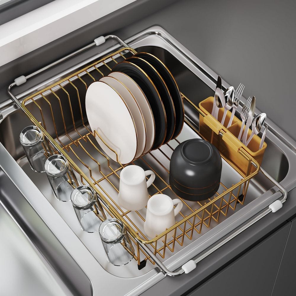 Gold Expandable Over Sink Dish Rack Stainless Steel Space Saving