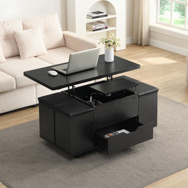 Chance Multi-Functional 39.4 in. Black Rectangle MDF Lift-Top Coffee Table with 4 Cushioned Stools, Storage, Casters