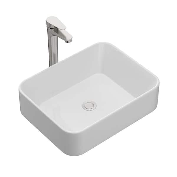 19 in. x15 in. Rectangular Vessel Bathroom Sink in White Vitreous China with Faucet in Brushed Nickel