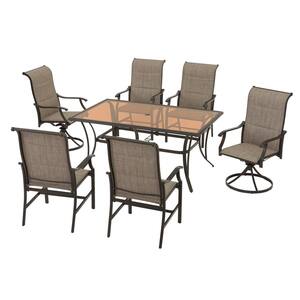 Riverbrook Espresso Brown 7-Piece Outdoor Patio Aluminum Rectangular Glass Top Dining Set with Padded Sling Chairs