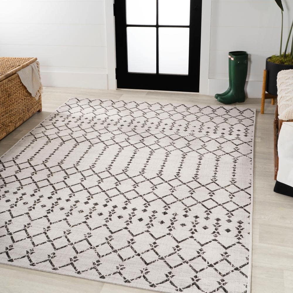 Boho-Chic Moroccan Tribal Geometric Black & Gray 9' x 12' Outdoor Rug