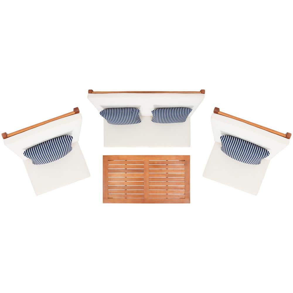 Natural Wood 4-Piece Patio Set with Beige Cushions and Navy Striped Pillows