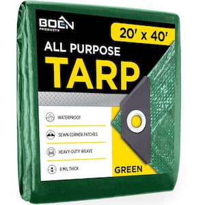 20 ft. x 40 ft. Multi-Purpose Green Poly Tarp Cover 8 Mil Thick Weave Material, Waterproof