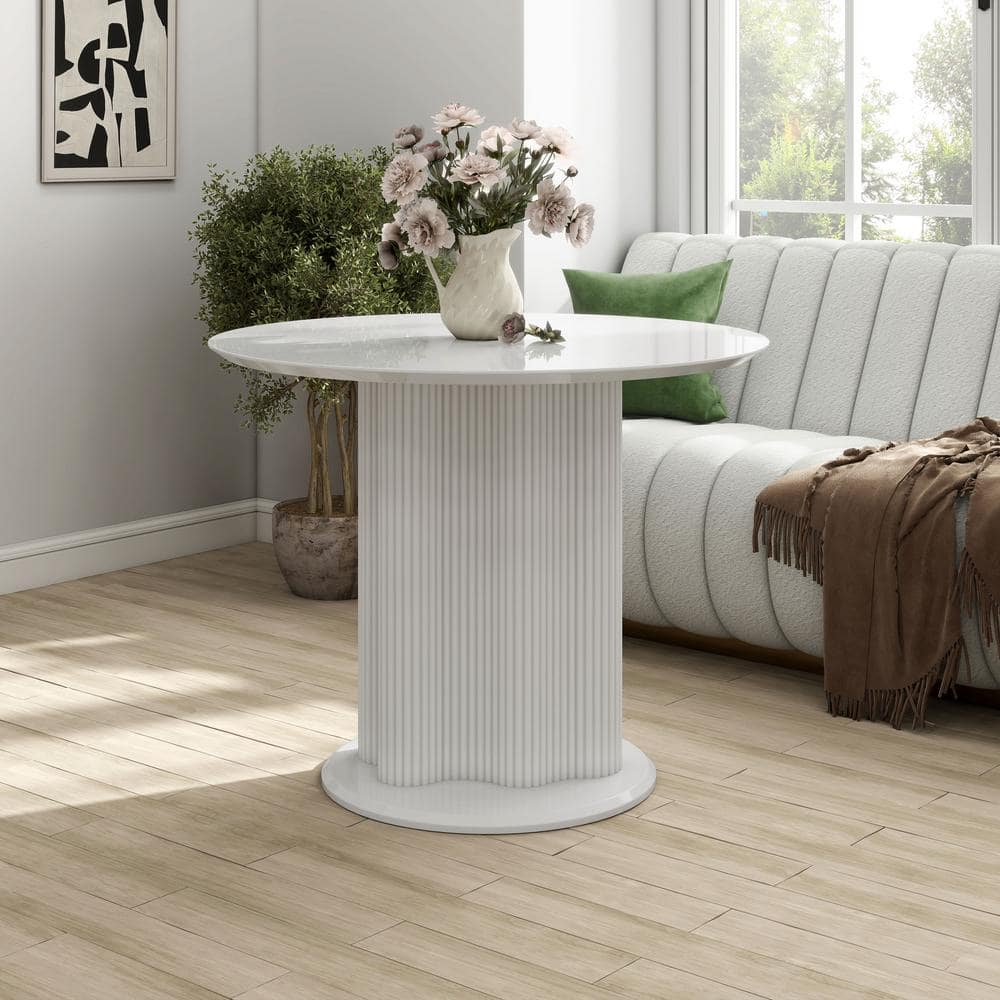Modern White Round Marble Top Dining Table with Fluted Pedestal Base