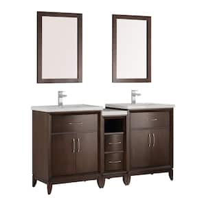 Cambridge 59 in. Vanity in Antique Coffee with Porcelain Vanity Top in White with White Ceramic Basins and Mirror