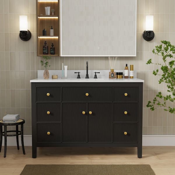 48 in. W x 20.5 in. D Single Sink Freestanding Black Bath Vanity with White Engineered Stone Top (Assembled)