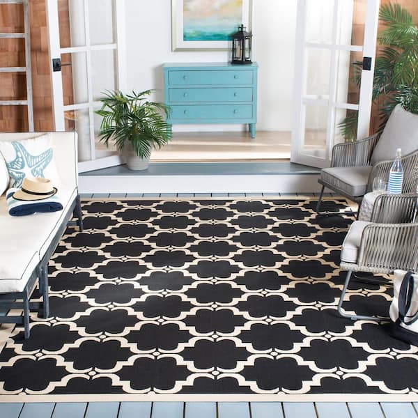 Courtyard Black/Beige 9 ft. x 12 ft. Border Indoor/Outdoor Patio  Area Rug