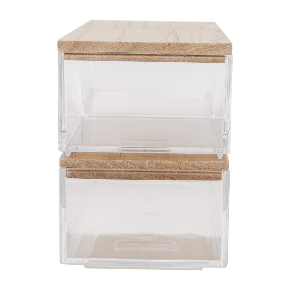 Clear Stackable Plastic Organizer Bins with Light Wood Lids, Set of 3