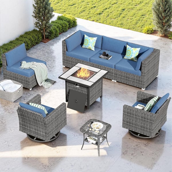 HOOOWOOO Messi Grey 8-Piece Wicker Outdoor Patio Fire Pit Conversation Sofa Set with Swivel Chairs and Denim Blue Cushions
