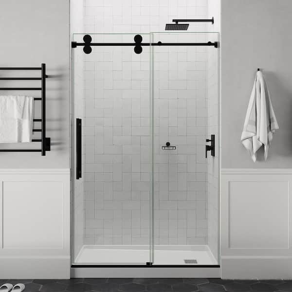 Ozean 56 to 60 in. W x 76 in. H Frameless Sliding Shower Door in Matte Black with Tsunami Guard Tempered Clear Glass