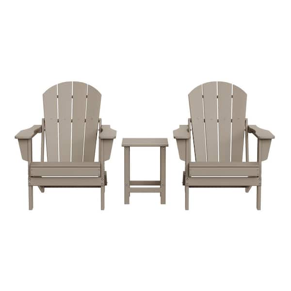 Laguna 3-Piece Fade Resistant Outdoor Patio HDPE Poly Plastic Folding Adirondack Chair Set, Side Table in Weathered Wood