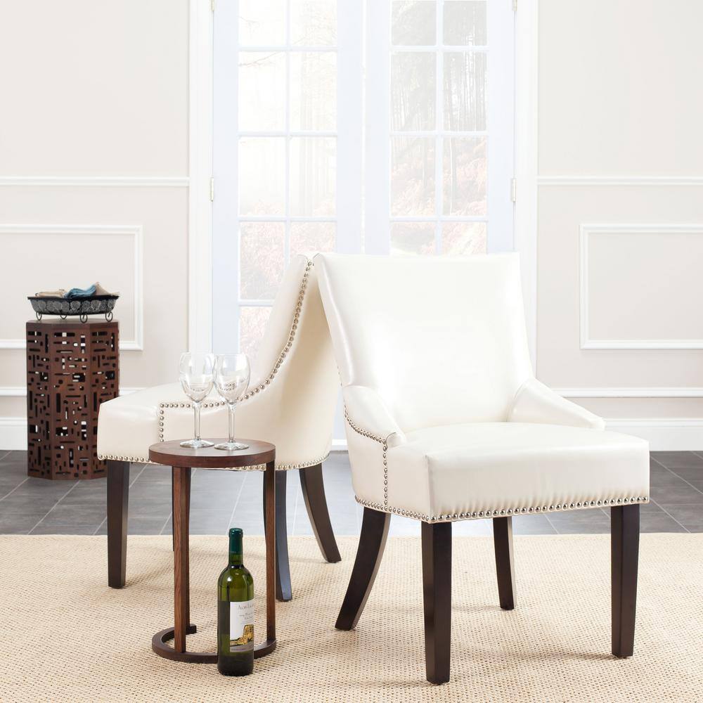 Transitional Flat Cream Leather Upholstered Side Chair with Nailhead Trim