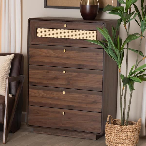 Baxton Studio Jenibelle Walnut Brown 5-Drawer 31.5 in. Chest of