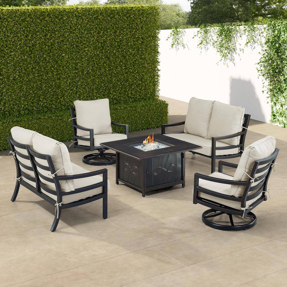 Black 6-Piece Aluminum Patio Fire Pit with 2-Deep Seating Loveseat and 2-Club Chairs Light Grey Cushions price history on PriceWatchPro