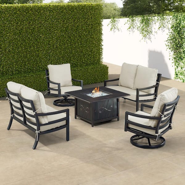 Oakland Living Black 6-Piece Aluminum Patio Fire Pit with 2-Deep Seating Loveseat and 2-Club Chairs Light Grey Cushions