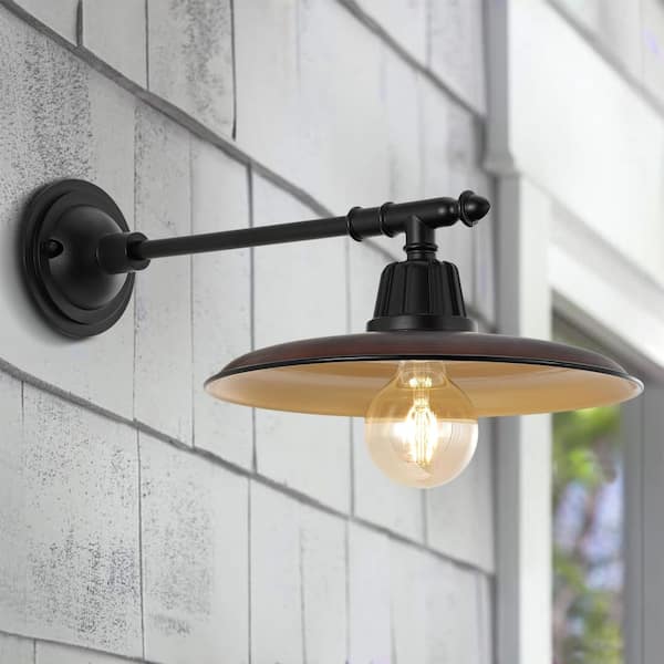 JONATHAN Y Bonner 12 in. Wood Finish/Copper 1-Light Farmhouse Industrial Indoor/Outdoor Iron LED Victorian Arm Outdoor Sconce
