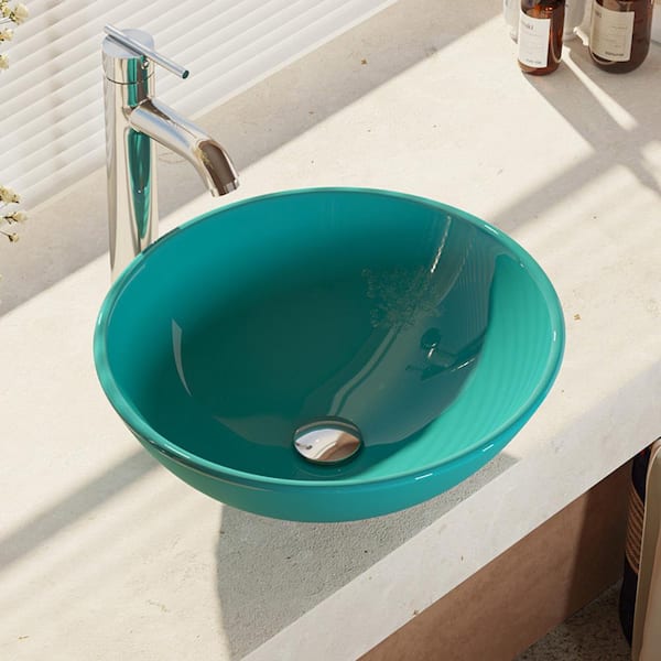 Rene Glass Vessel Sink in Cerulean with R9-7001 Faucet and Pop-Up Drain in Chrome