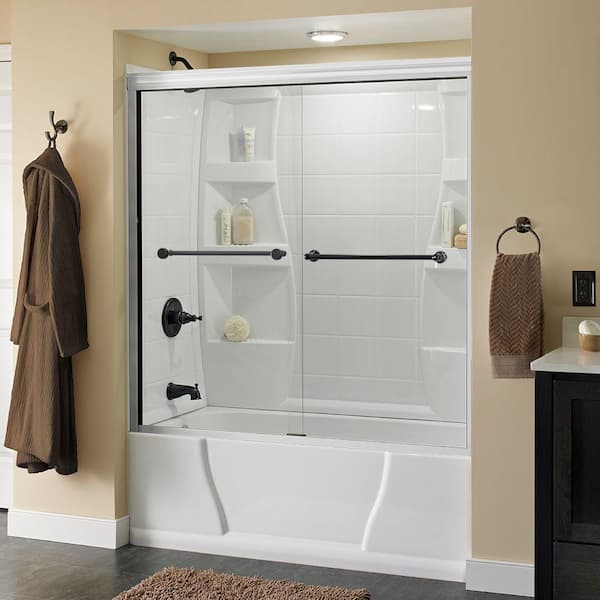 Delta Crestfield 60 in. x 58-1/8 in. Semi-Frameless Traditional Sliding Bathtub Door in White and Bronze with Clear Glass