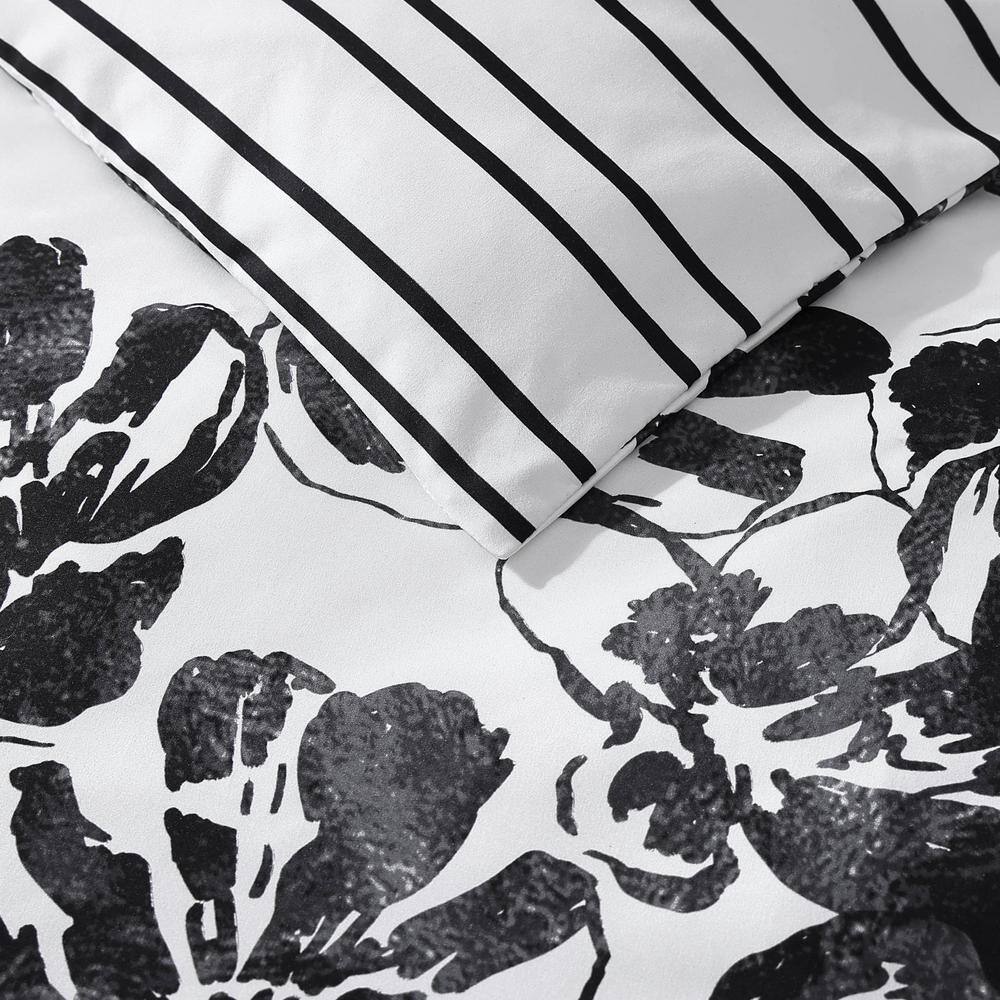 Black and White Floral Microfiber Full/Queen Duvet Cover Set