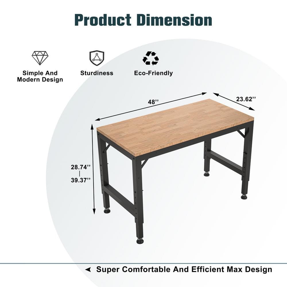48" Adjustable Height Black Steel Workbench with Rubberwood Top