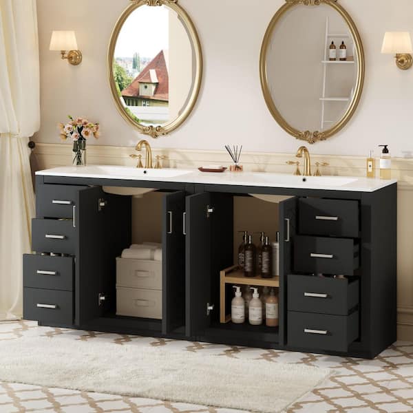 72 in. Double Sink Freestanding Black Bath Vanity with White Ceramic Top