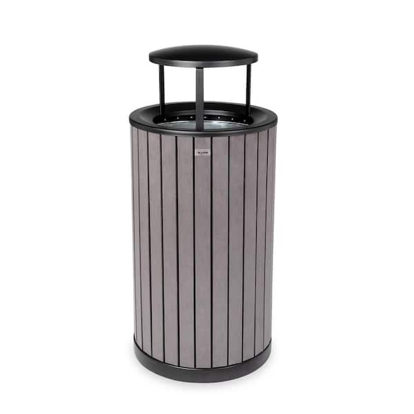 Alpine Industries 32 gal. All-Weather Grey Steel Round Vented Commercial Outdoor Trash Can Garbage Receptacle with Bonnet Lid and Liner