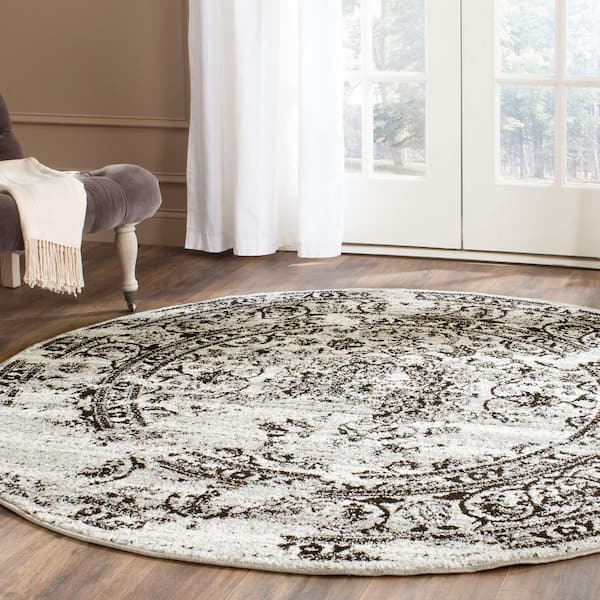 Adirondack Silver/Black 10 ft. x 10 ft. Round Floral Border Area Rug