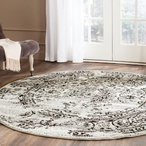 Adirondack Silver/Black 8 ft. x 8 ft. Round Floral Border Area Rug