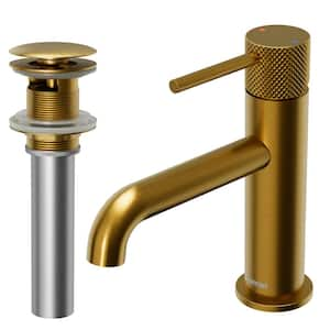 Tryst Single-Handle Single-Hole Basin Bathroom Faucet with Matching Pop-Up Drain in Gold