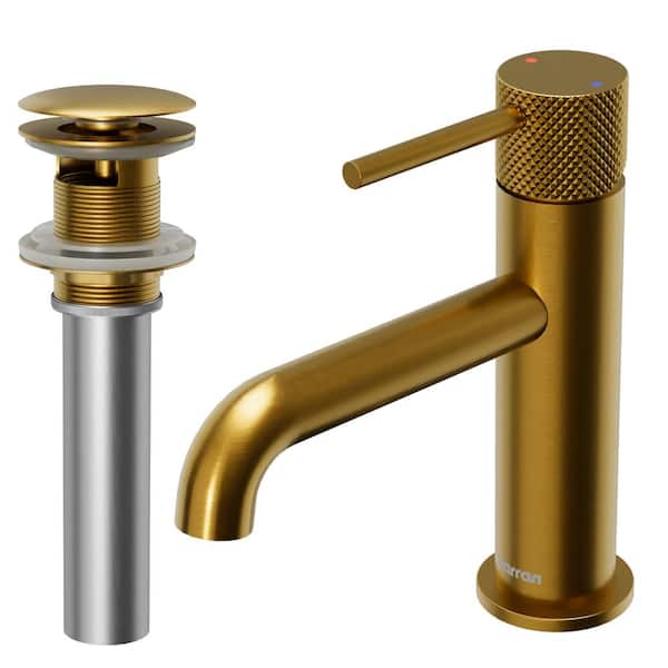 Tryst Single-Handle Single-Hole Basin Bathroom Faucet with Matching Pop-Up Drain in Gold