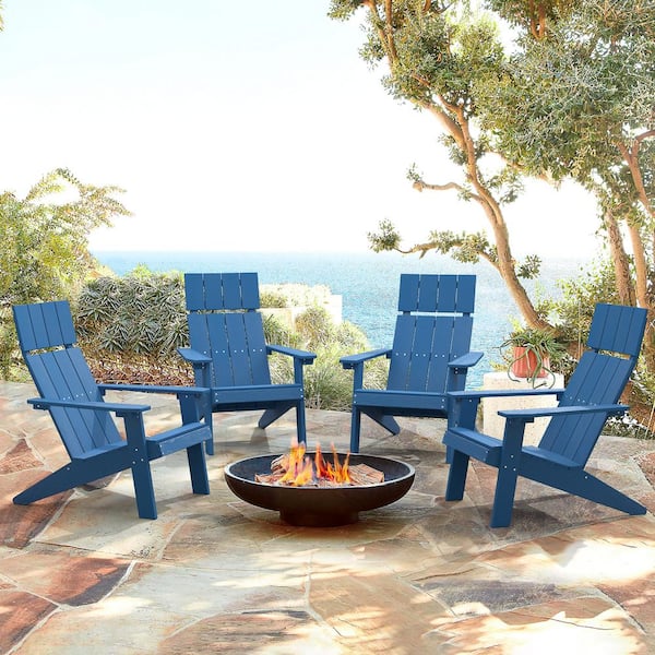 LUE BONA Gaia Traditional Curveback Slate Dark Blue Plastic Outdoor Chairs Patio Adirondack Chair Set of 4